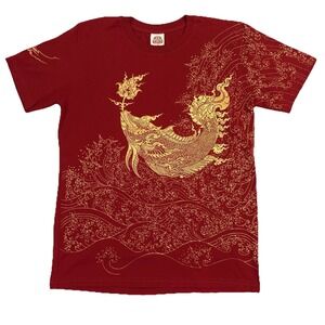 Dragon Phoenix Graphic T Shirt Asian Mythology Tee Red Gold Streetwear Men Large